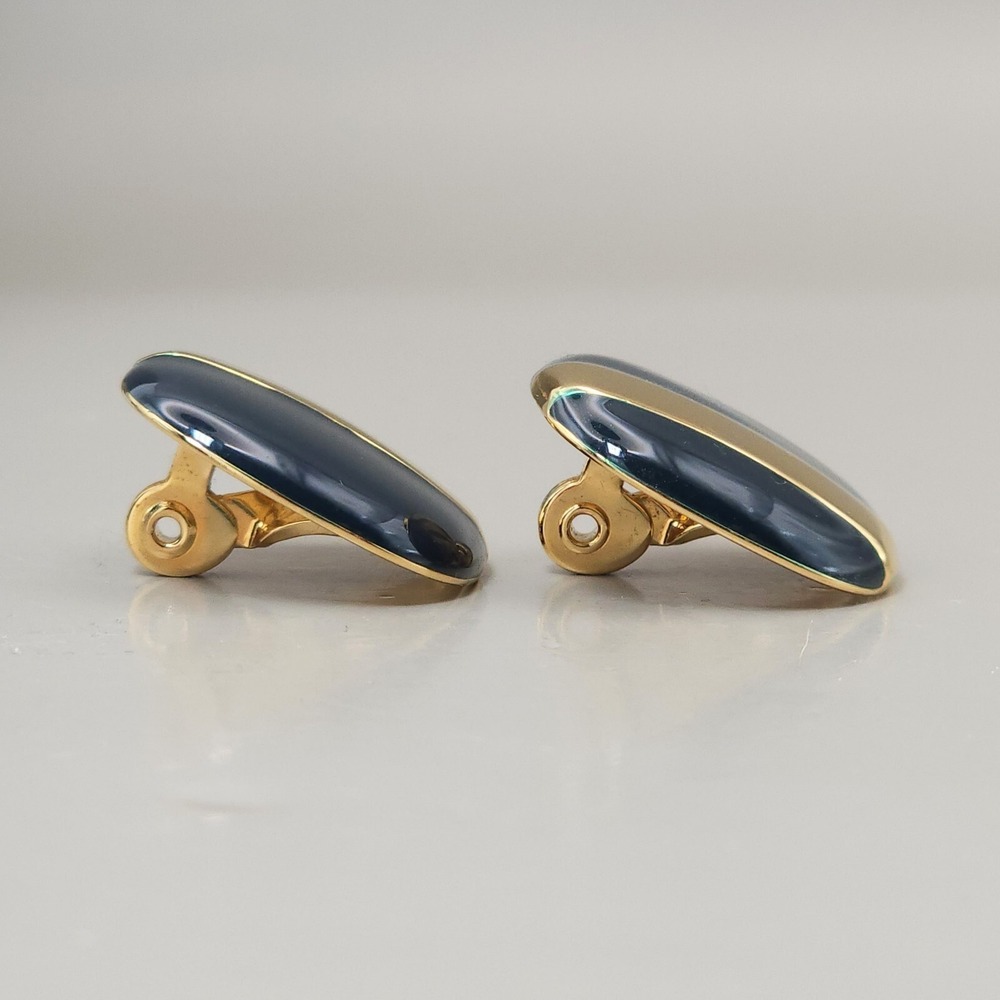Monet Vintage Black Enamel & Gold Stripe Square‎  Button Clip On Earrings 7/8 In - Picture 3 of 11